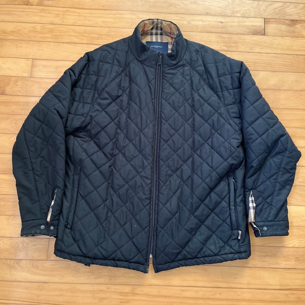 Burberry Golf Mens Navy Blue Diamond Quilted Jacket Nova Check Trim Size L